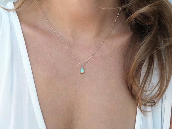 Opal & Diamond Necklace, Rose Gold Fire Opal Necklace, Pear Australian Opal Necklace, Teardrop Necklace