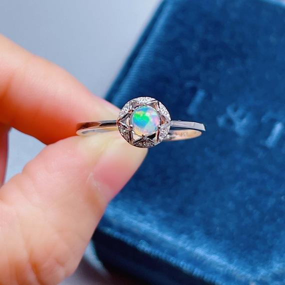 Raw Opal Stone Ring, Genuine Fire Opal Ring, Silver Halo Gemstone Rings For Women, Anniversary Ring, Star Promise Ring, Engagement Ring