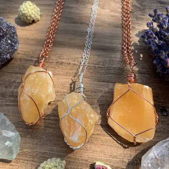Orange Calcite Crystal Necklace, Raw Crystal, Crystal For Motivation, Energy, Natural Stone, Orange Calcite Pendant, Calcite Jewelry, Gift