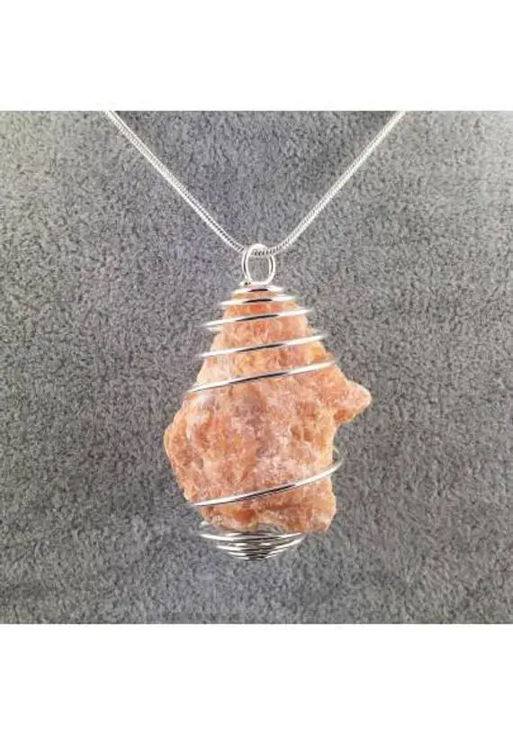 Orange Calcite Rough Pendant Hand Made On Silver Plated Spiral Minerals Healing