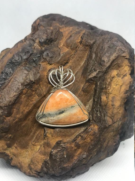 Orange Calcite Sterling Silver Wire Wrapped Stone Cabochon Pendant Necklace Free Shipping