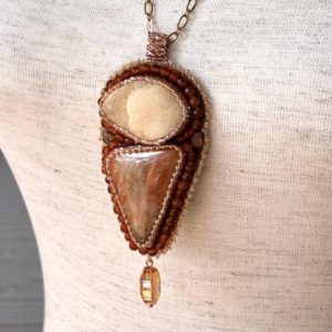 Shop Orange Calcite Jewelry! Orange Calcite, Sunstone and Copper Bead Embroidered Necklace, Gift for Mom, One of a Kind | Natural genuine Orange Calcite jewelry. Buy crystal jewelry, handmade handcrafted artisan jewelry for women.  Unique handmade gift ideas. #jewelry #beadedjewelry #beadedjewelry #gift #shopping #handmadejewelry #fashion #style #product #jewelry #affiliate #ad