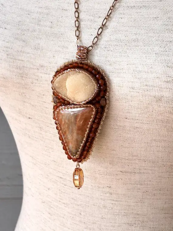 Orange Calcite, Sunstone And Copper Bead Embroidered Necklace, Gift For Mom, One Of A Kind