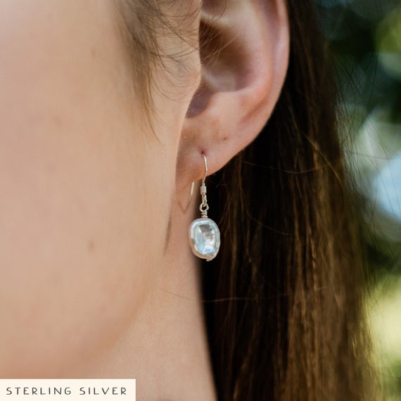 Natural Freshwater Pearl Crystal Dangle Drop Earrings In Gold, Silver, Bronze, Or Rose Gold - Raw Gemstone June Birthstone Earrings