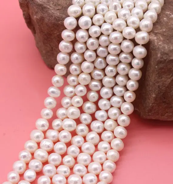 7-8mm Natural Pearl Beads,white Freshwater Nearly Round Pearls, White Irregularly Pearls,diy Jewelry Making,full Strand--15-15.5inches-fp135