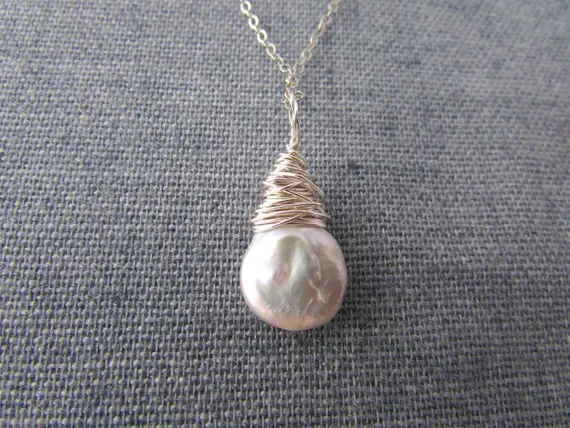 Pearl Necklace, Wire Wrapped Pearl Pendant, Silver Pearl Tear Drop