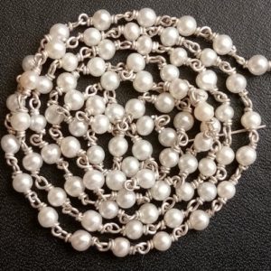 Shop Pearl Rondelle Beads! 2.5mm Fresh Water Pearl Beads Connector Chains in 925 Silver Wire Wrapped Rosary Style Chain By Foot, Fresh Water Pearl Rondelle Chains | Natural genuine rondelle Pearl beads for beading and jewelry making.  #jewelry #beads #beadedjewelry #diyjewelry #jewelrymaking #beadstore #beading #affiliate #ad