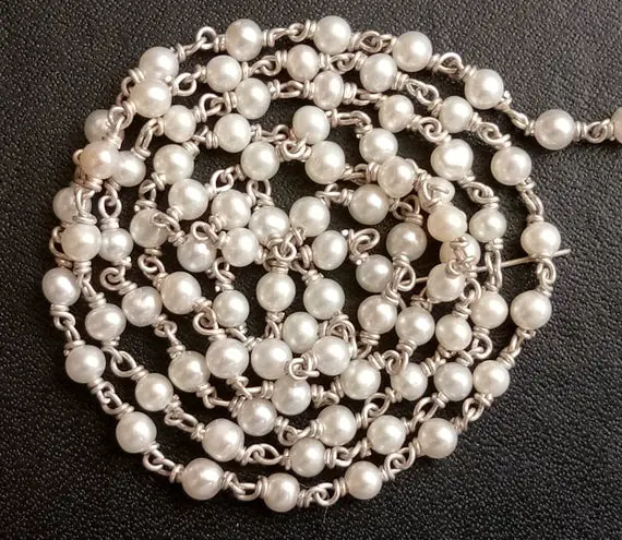 2.5mm Fresh Water Pearl Beads Connector Chains In 925 Silver Wire Wrapped Rosary Style Chain By Foot, Fresh Water Pearl Rondelle Chains