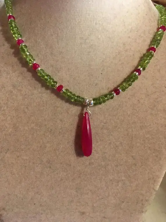 Peridot Necklace - Green And Hot Pink Gemstone Jewellery - Chalcedony - August Birthstone - Sterling Silver Jewelry - Beaded