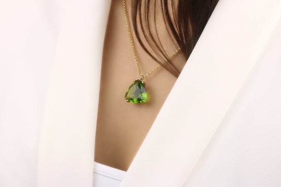 Gold Peridot Pendant · Trillion Pendant Necklace · Green August Birthstone Necklace · Large Pendant Necklace · Mom Gift · Gifts For Mom