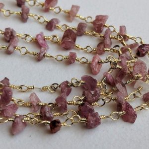 Shop Pink Tourmaline Chip & Nugget Beads! 3-5mm Pink Tourmaline Wire Wrapped Bead Chips, Rosary Beaded Chain, Chain By The Foot, 925 Silver Pink Tourmaline (1Foot To 5Feet Options) | Natural genuine chip Pink Tourmaline beads for beading and jewelry making.  #jewelry #beads #beadedjewelry #diyjewelry #jewelrymaking #beadstore #beading #affiliate #ad