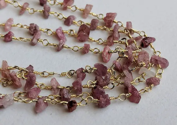 3-5mm Pink Tourmaline Wire Wrapped Bead Chips, Rosary Beaded Chain, Chain By The Foot, 925 Silver Pink Tourmaline (1foot To 5feet Options)