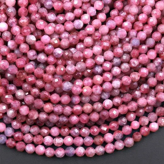 Faceted Natural Pink Tourmaline 3mm 4mm 5mm 6mm Round Beads Micro Diamond Cut Gemstone 15.5" Strand