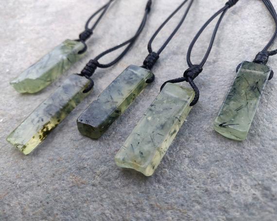 Crystal Bar Prehnite Necklace, Gemstone Pendant, Green Quartz Crystal Point Necklace, Natural Jewelry, Birthday Gift For Men Or Women