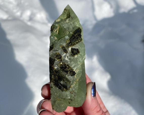 3.6" Prehnite And Epidote Tower, Semi Polished, High Quality, Polished Prehnite, Self Standing, Prehnite Point, Natural Rough, Green #7