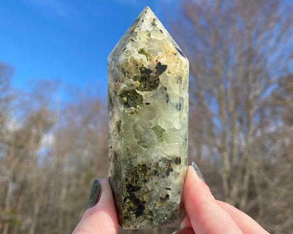 3.7" Prehnite And Epidote Crystal Tower #14 Semi Polished Point, High Quality, Self Standing, Natural Rough, Raw Green Gemstone Decor Gift