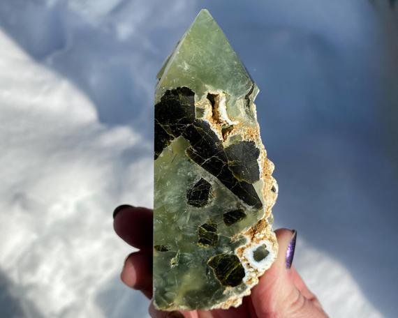 4.2" Prehnite And Epidote Crystal Tower #3 Semi Polished, Prehnite Cluster, Self Standing Point, Natural Rough Sides, Green Home Decor Gift