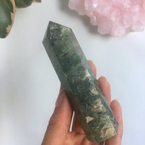 Shop Prehnite Points & Wands! Prehnite with Epidote Tower, Prehnite, Epidote | Natural genuine stones & crystals in various shapes & sizes. Buy raw cut, tumbled, or polished gemstones for making jewelry or crystal healing energy vibration raising reiki stones. #crystals #gemstones #crystalhealing #crystalsandgemstones #energyhealing #affiliate #ad