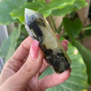 Shop Prehnite Points & Wands! Prehnite tower with epidote | Natural genuine stones & crystals in various shapes & sizes. Buy raw cut, tumbled, or polished gemstones for making jewelry or crystal healing energy vibration raising reiki stones. #crystals #gemstones #crystalhealing #crystalsandgemstones #energyhealing #affiliate #ad