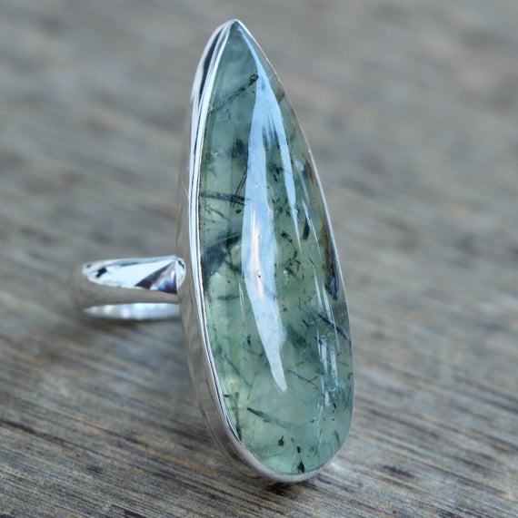 Rutilated Prehnite Ring, Sterling Silver Jewelry, Natural Green Rutilated Prehnite, Statement Ring