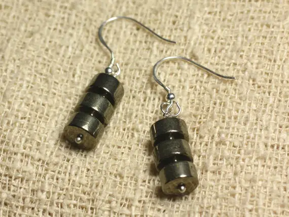 925 Sterling Silver Earrings - Gold Pyrite Rondelles 8x4mm