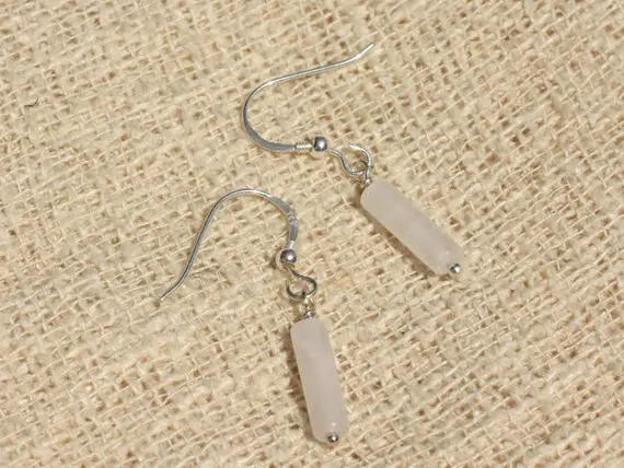 Boucles Oreilles Argent 925 Et Pierre - Quartz Rose Colonnes 13x4mm