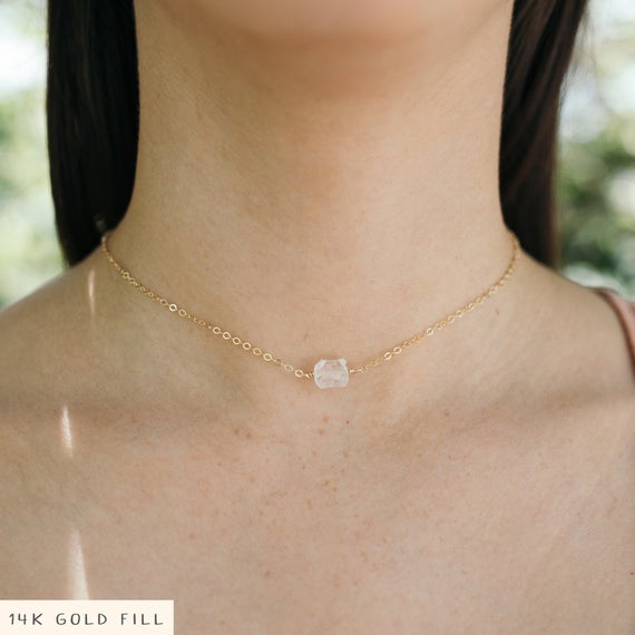 Tiny Clear Crystal Quartz Raw Choker Necklace. Rough Nugget April Birthstone Jewellery. Handmade White Real Stone Mineral Gift For Women.