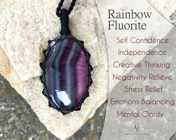 Rainbow Fluorite Necklace, Yellow Purple Fluorite Crystal Jewelry, Mental & Emotional Healing Crystal Pendant, Stress Relief Gift For Her