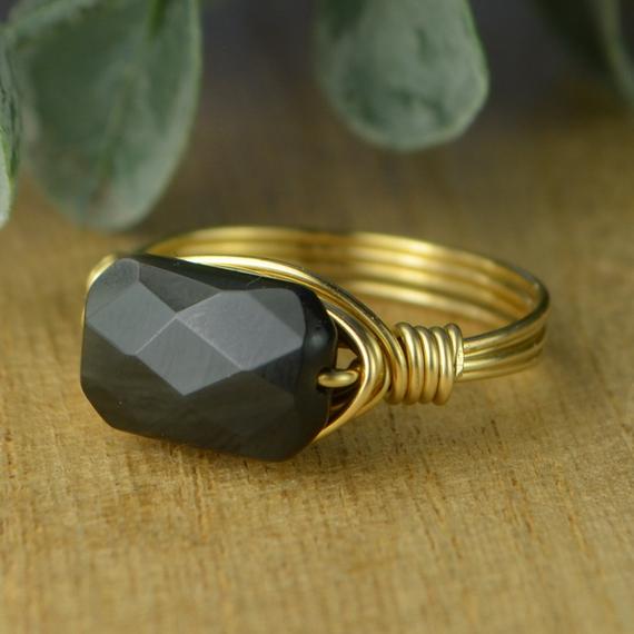 Rainbow Obsidian Ring-sterling Silver, Yellow Or Rose Gold Filled Wire Wrapped Rectangular Faceted Gemstone -size 4 5 6 7 8 9 10 11 12 13 14