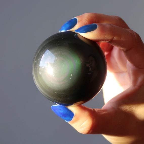 Rainbow Obsidian Sphere, Natural Green-eyed Protection Crystal Ball