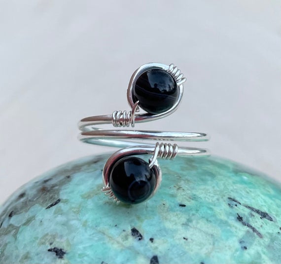 Rainbow Obsidian Sterling Silver Crystal Wire Wrapped Gemstone Beaded Ring, Ships Fast!