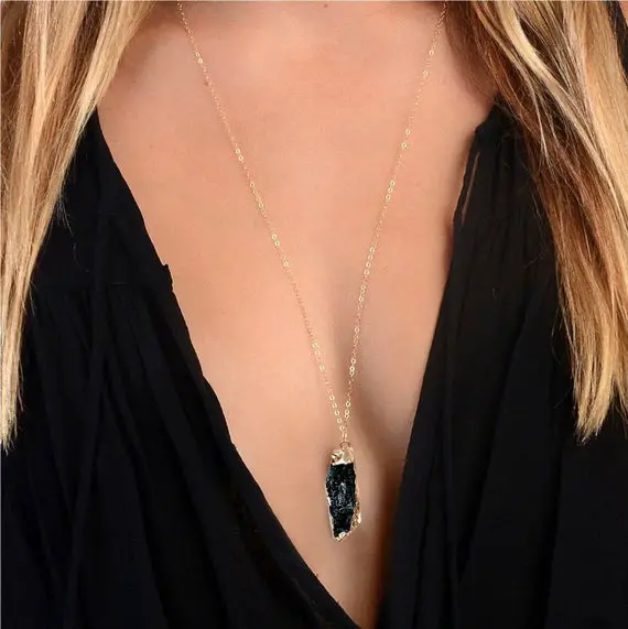 Raw Black Tourmaline Necklace, Protection Necklace, Black Stone Necklace, Black Crystal Necklace, Black Gemstone, Meditation, Gold Or Silver