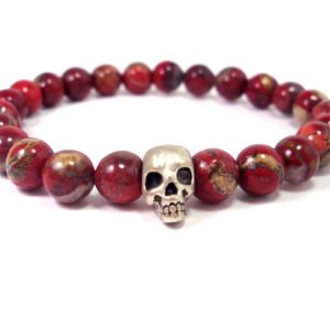 Shop Red Jasper Jewelry! Red Jasper Mens Bracelet with Skull,Mens Bracelet,Mens Beaded Bracelet,Skull Bracelet,Mens Gift,Gift for Men,Mens Gemstone Bracelet | Natural genuine Red Jasper jewelry. Buy handcrafted artisan men's jewelry, gifts for men.  Unique handmade mens fashion accessories. #jewelry #beadedjewelry #beadedjewelry #shopping #gift #handmadejewelry #jewelry #affiliate #ad