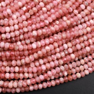 Shop Rhodochrosite Beads! AAA Natural Pink Rhodochrosite 3mm 4mm Faceted Rondelle Beads Micro Diamond Cut Genuine Red Pink Gemstone 15.5" Strand | Natural genuine beads Rhodochrosite beads for beading and jewelry making.  #jewelry #beads #beadedjewelry #diyjewelry #jewelrymaking #beadstore #beading #affiliate #ad