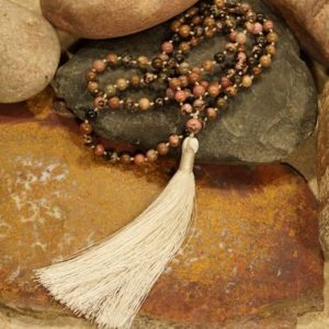 Shop Rhodonite Necklaces! 8mm Rhodonite Knotted Mala (108 and Guru) with a Light Gray Tasse 0060 | Natural genuine Rhodonite necklaces. Buy crystal jewelry, handmade handcrafted artisan jewelry for women.  Unique handmade gift ideas. #jewelry #beadednecklaces #beadedjewelry #gift #shopping #handmadejewelry #fashion #style #product #necklaces #affiliate #ad