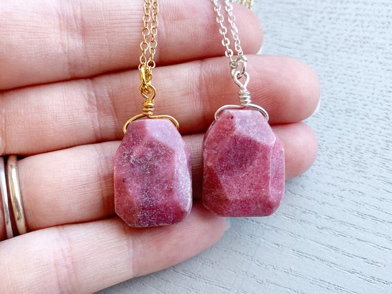 Rhodonite Necklace, Pink Crystal Pendant Necklace Sterling Silver Or Gold Filled, Real Gemstone Necklace, Rhodonite Stone Healing Jewelry