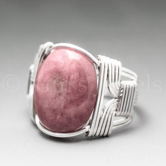 Genuine Rhodonite Sterling Silver Wire Wrapped Gemstone Cabochon Ring - Optional Oxidation/antiquing - Made To Order, Ships Fast!