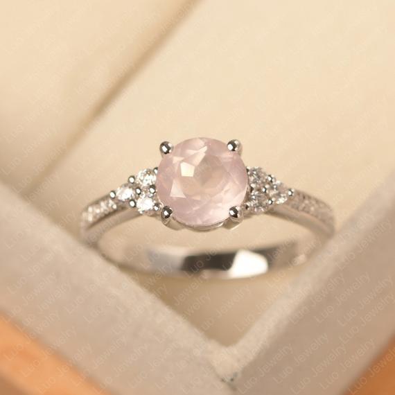 Real Natural Rose Quartz Engagement Ring, Pink Quartz, Round Cut, Solid Sterling Silver, Vintage Cluster Ring