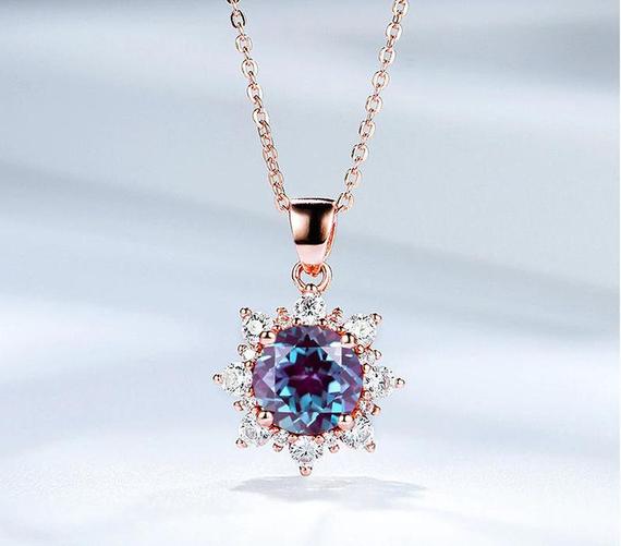 Round Cut Alexandrite Necklace For Women- Color Changing Gemstone Pendant- Alexandrite Pendant In 925 Sterling Silver- Alexandite Pendant