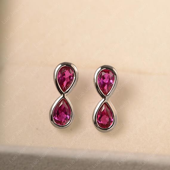 Lab Red Ruby Earrings, Pear Cut Gemstine, Sterling Silver Earrings For Women, Infinity Earring Stud