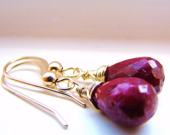 Natural Red Ruby Gold Earrings.   Gold Ruby Dangles.   Ruby Drops.  Indian Burgundy Gemstone.   July Birthstone.  Cancer Zodiac Jewelry