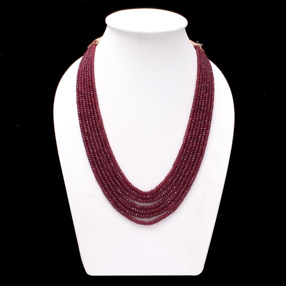 On Sale Ruby Beaded Necklace, Ruby Faceted 4mm To 5mm Rondelle Beads Necklace,16-19 Inch Long Red Ruby Necklace 7 Strand Adjustable Necklace