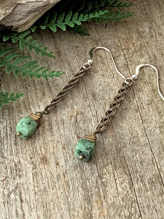Antique Bronze Earrings For Women, Handmade Long Lightweight Green Ruby Zoisite Dangle Earrings Made With Real Faceted Cube Gemstones.