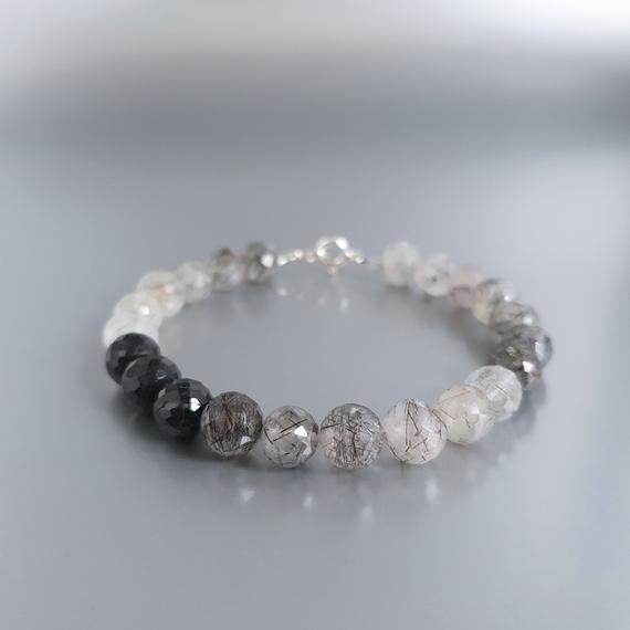 Bracelet Rutile Quartz With Silver Unique Gift For Her Or Him Faceted Round Natural Black Gray Gemstone Friend Gift