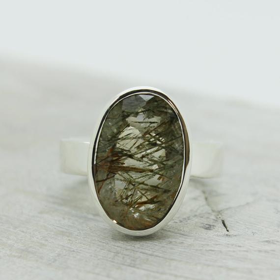 A Beauty...green Rutile Quartz Ring Natural Rutilated Quartz Stone Cut Oval Shape Sterling Silver 925 Solid Silver Amazing Quality Ring