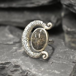 Shop Rutilated Quartz Rings! Crescent Ring, Rutilated Quartz Ring, Natural Quartz, Black Rutilated Quartz, Statement Ring, Tribal Rings, Bohemian Ring, Solid Silver Ring | Natural genuine Rutilated Quartz rings, simple unique handcrafted gemstone rings. #rings #jewelry #shopping #gift #handmade #fashion #style #affiliate #ad