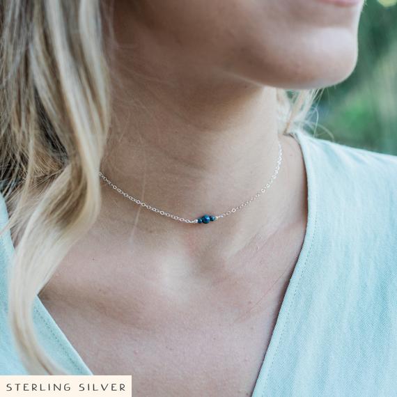 Dainty Blue Sapphire Gemstone Thin Choker Necklace In Bronze, Silver, Gold Or Rose Gold - Handmade To Order. September Birthstone Choker.