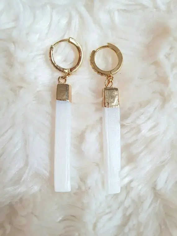 Harmony & Spiritual Awarness; Selenite Earrings; Hoop 14k Gold Plated Crystal Earrings; Wedding Jewelry; Gemstone Earrings; Gift For Her