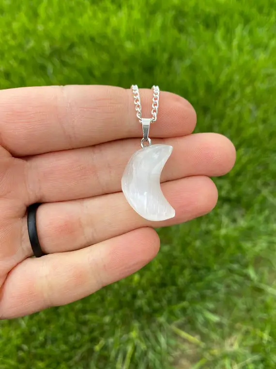 Selenite Moon Necklace - Selenite Moon Pendant - Selenite Pendant - Selenite Jewelry - Crescent Moon Crystal Pendant - Moon Jewelry