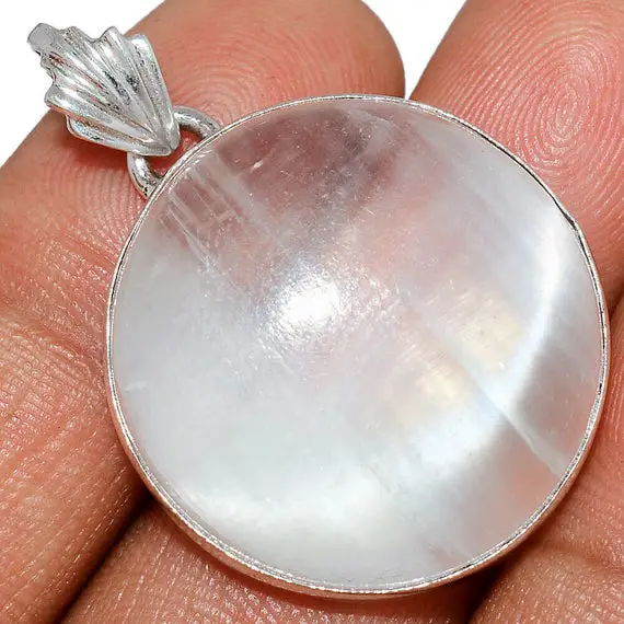 Sale, Very Beautiful Selenite Necklace, 925 Silver, Full Moon